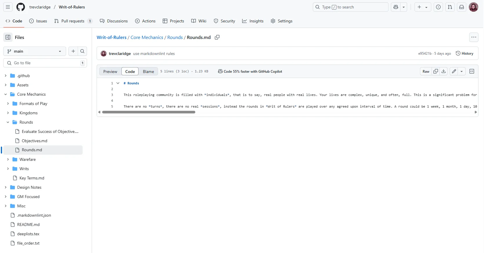 The same page describing Rounds in the context of Writ of Rulers, this time showing the raw text with markdown syntax.